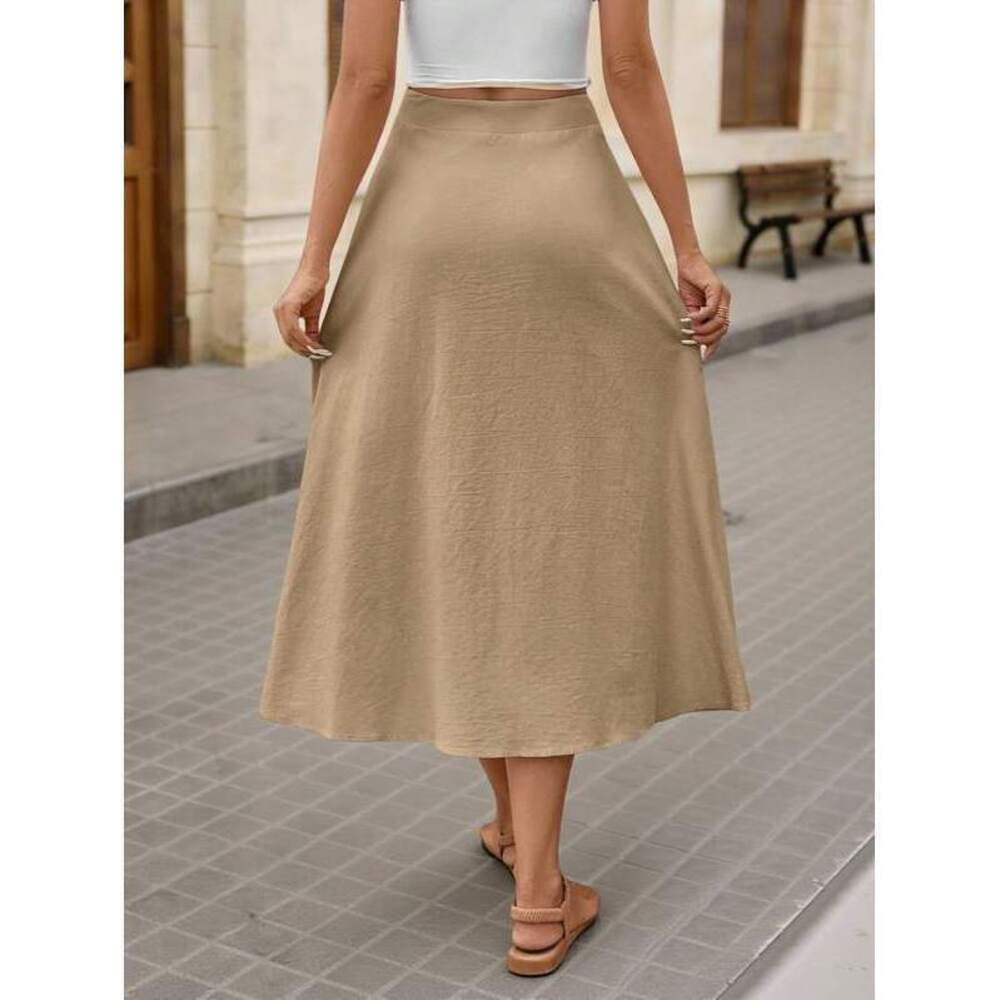 VCAY Solid Color High Waist Single-Breasted A-Line Midi Sk - Picture 2 of 6